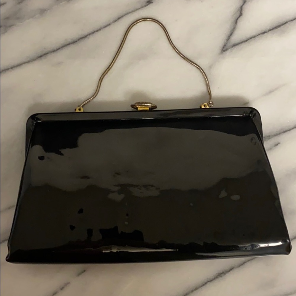 BOBBIE JEROME Black Vinyl Satchel Purse Hinge Clasp